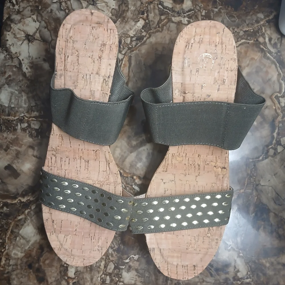 Olive Green & Gold Stud Slip On Cork Wedge Sandal 10M